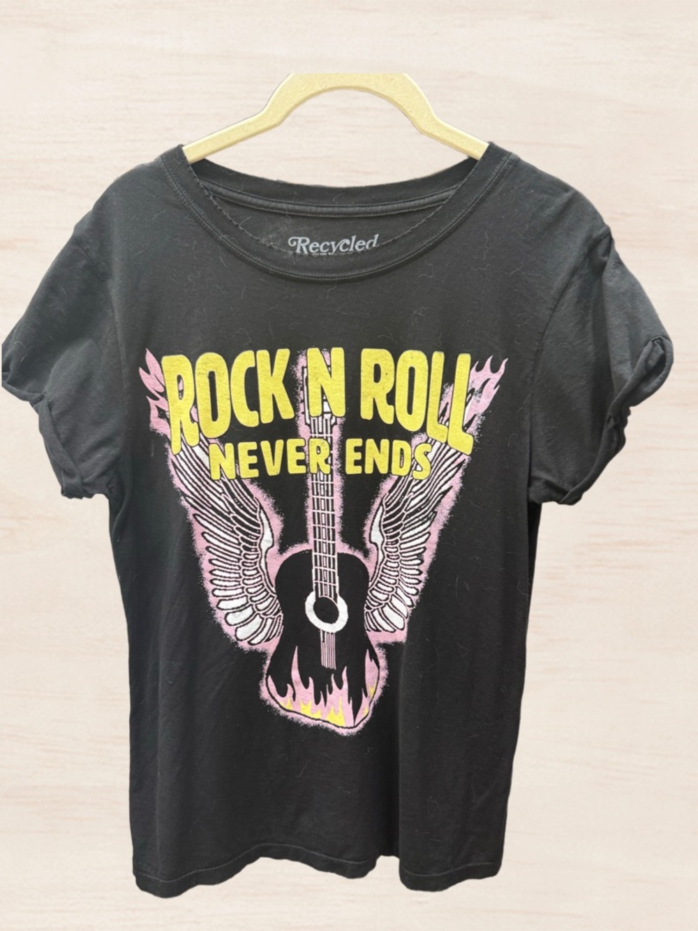 Recycled Karma Black Graphic Tee with Yellow & Pink Print